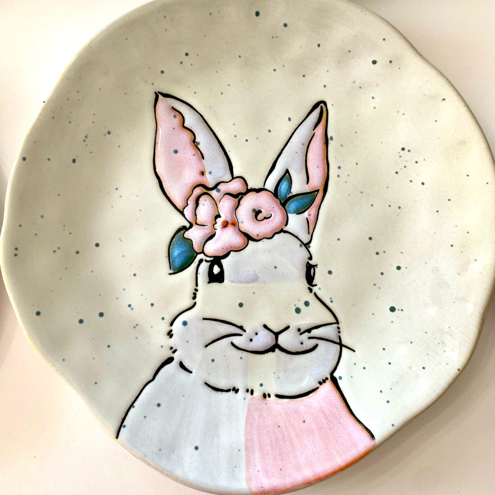 Easter Bunny Pink Blue Rabbit Eli & Ana Ceramic Salad Dessert Plates Set of Six